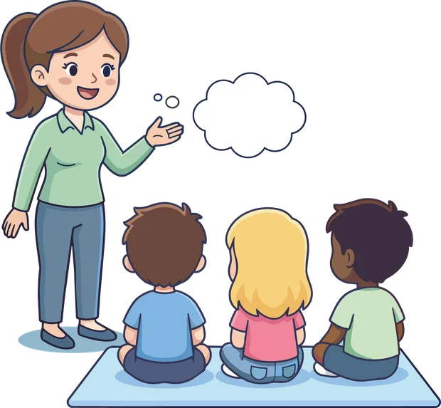 Illustrazione di un'insegnante che parla con un gruppo di bambini seduti in cerchio