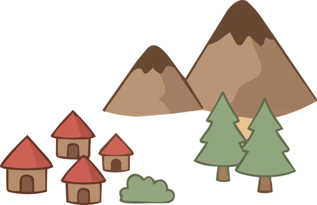 Illustrazione di un piccolo villaggio tra le montagne, in stile mappa del tesoro